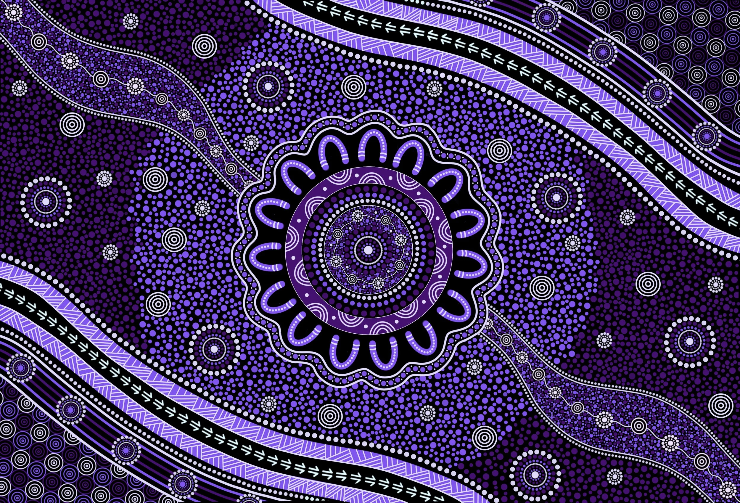 An intricate and colorful Aboriginal-style dot painting featuring concentric circles, wavy lines, and geometric patterns in shades of purple, black, and white.