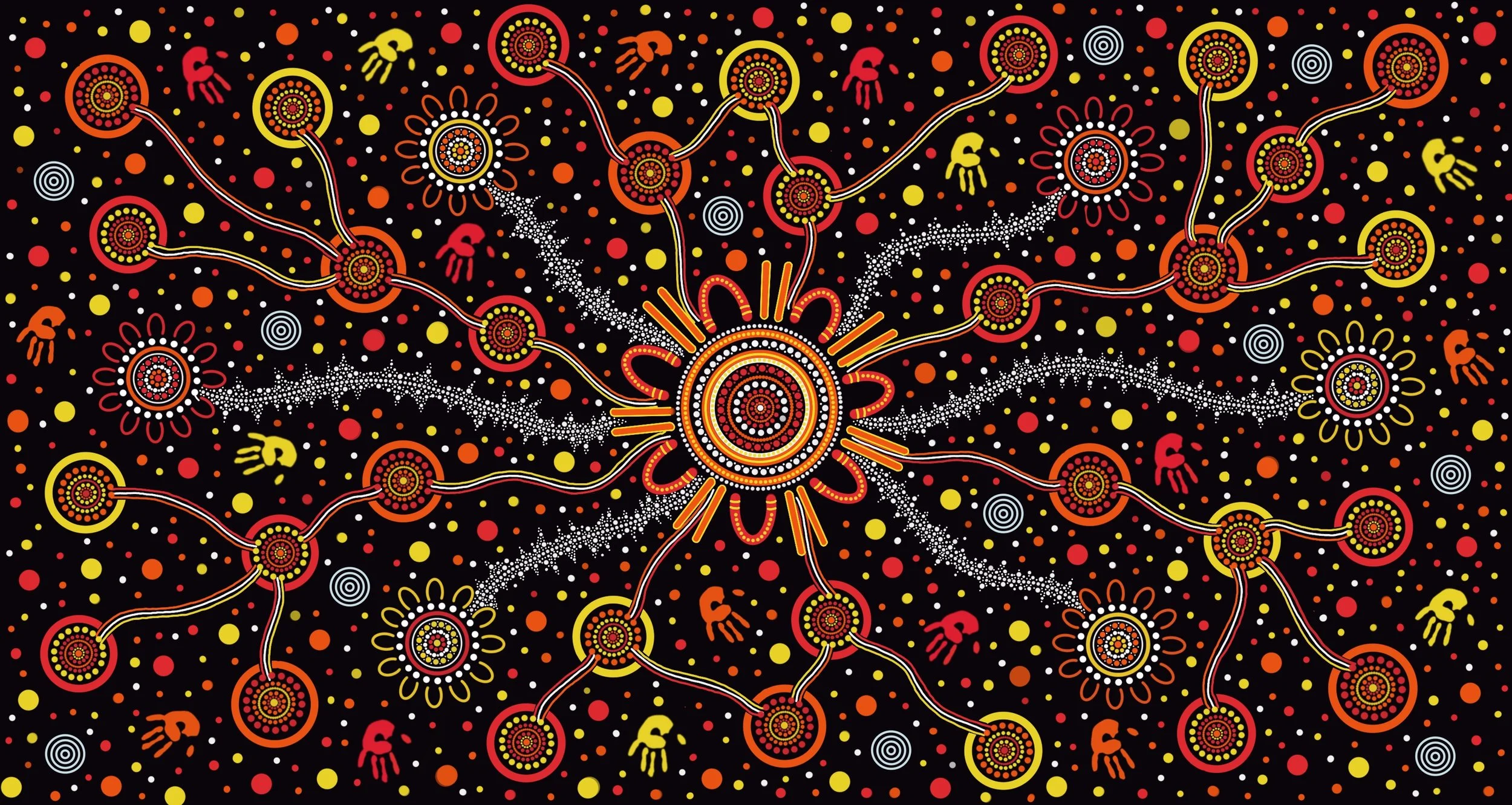 An Aboriginal art-style pattern with interconnected circles, lines, and dot motifs in red, yellow, orange, and white on a black background, resembling a network or cosmic design.