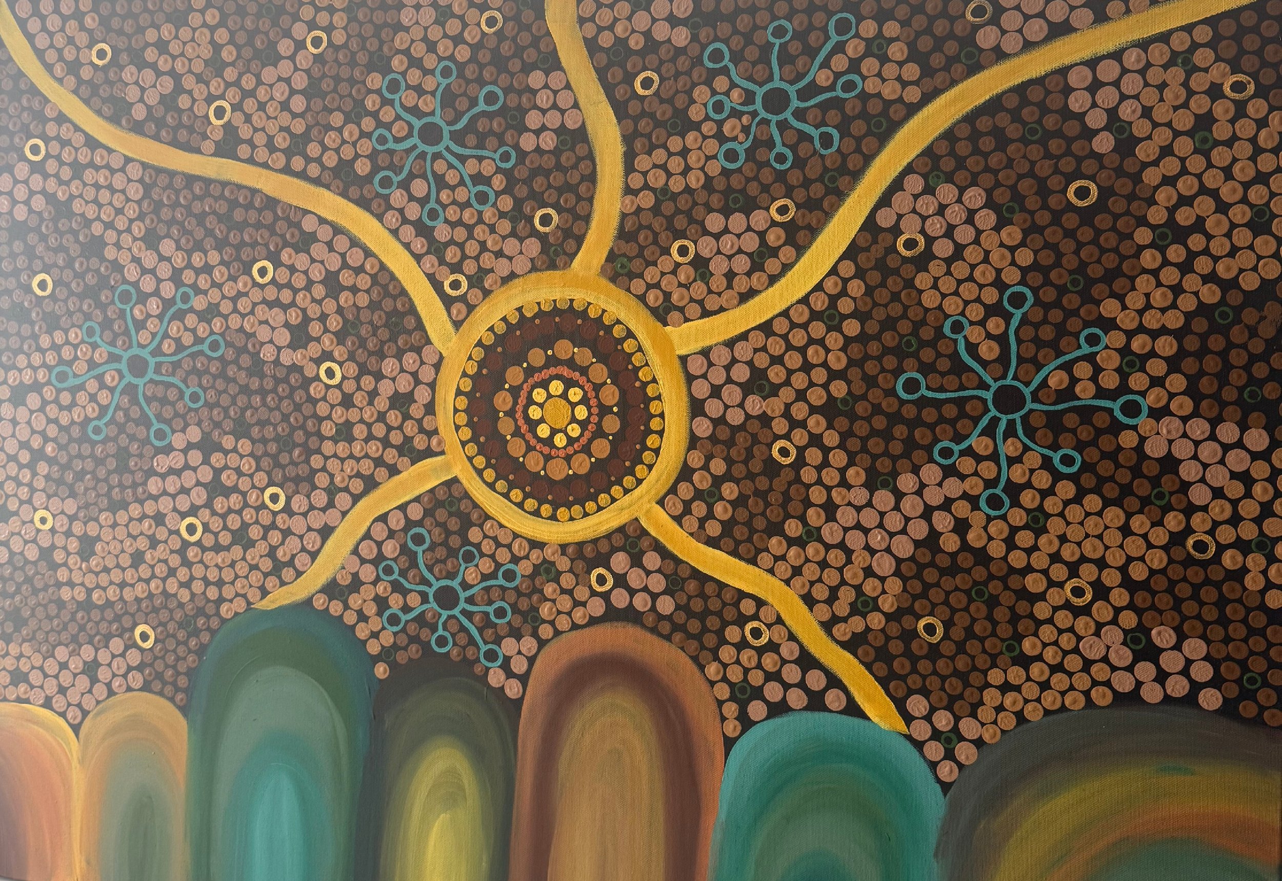 Abstract painting featuring a circular yellow and brown pattern at the center, connected to the surrounding area by yellow lines. Blue snowflake-like shapes and small yellow circles are scattered across a background filled with small beige and brown 
