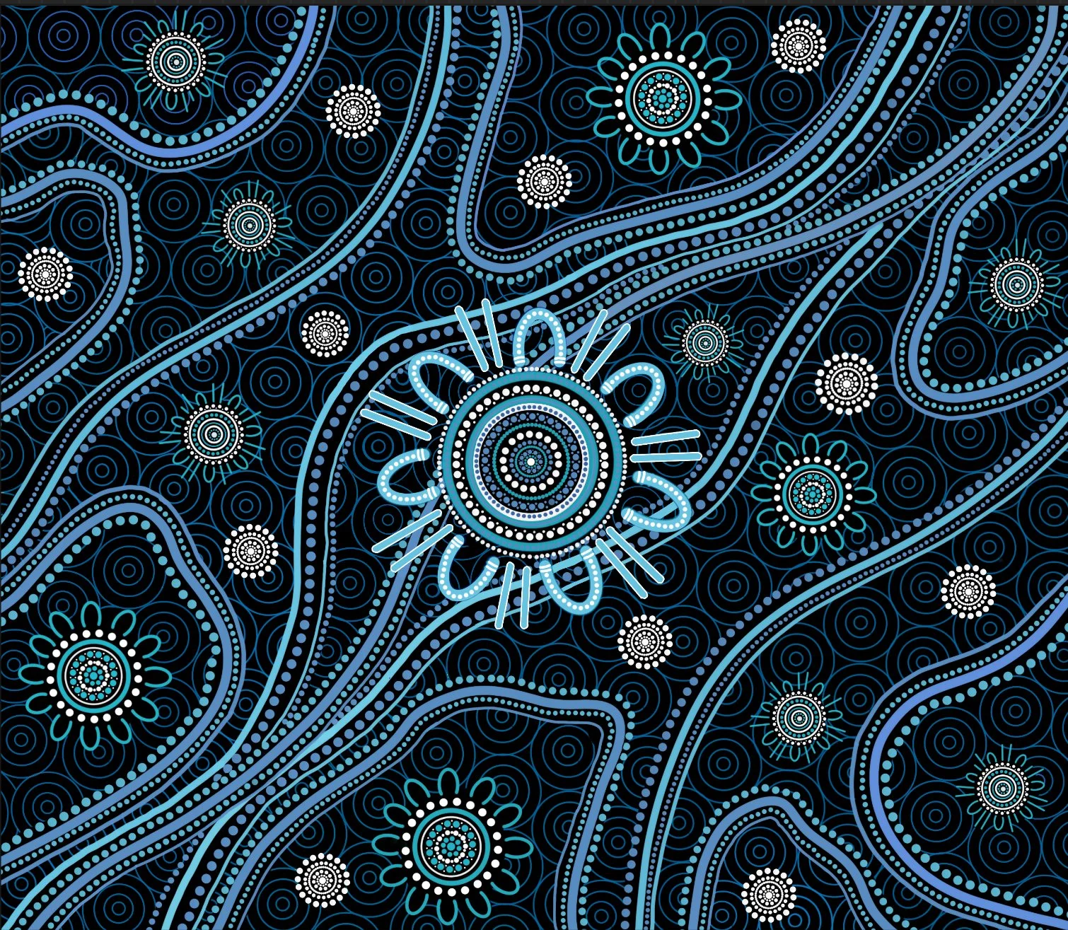 Abstract digital pattern with blue and white circular and spiral designs on a black background.
