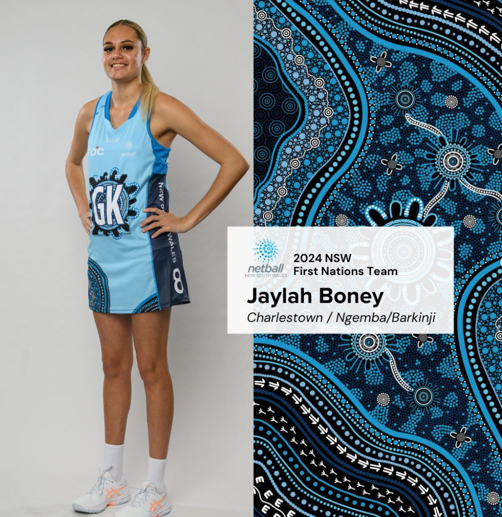A young woman in a blue netball uniform with the letters 'GK' on the front, standing against a plain background. The image also shows a pattern of blue, black, and white Aboriginal-style artwork and a white text box with details about her team and lo