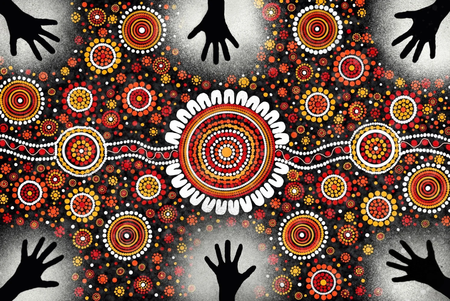 Indigenous Australian dot painting artwork featuring concentric circles in red, yellow, and white, with black backgrounds and black hand silhouettes around the artwork.
