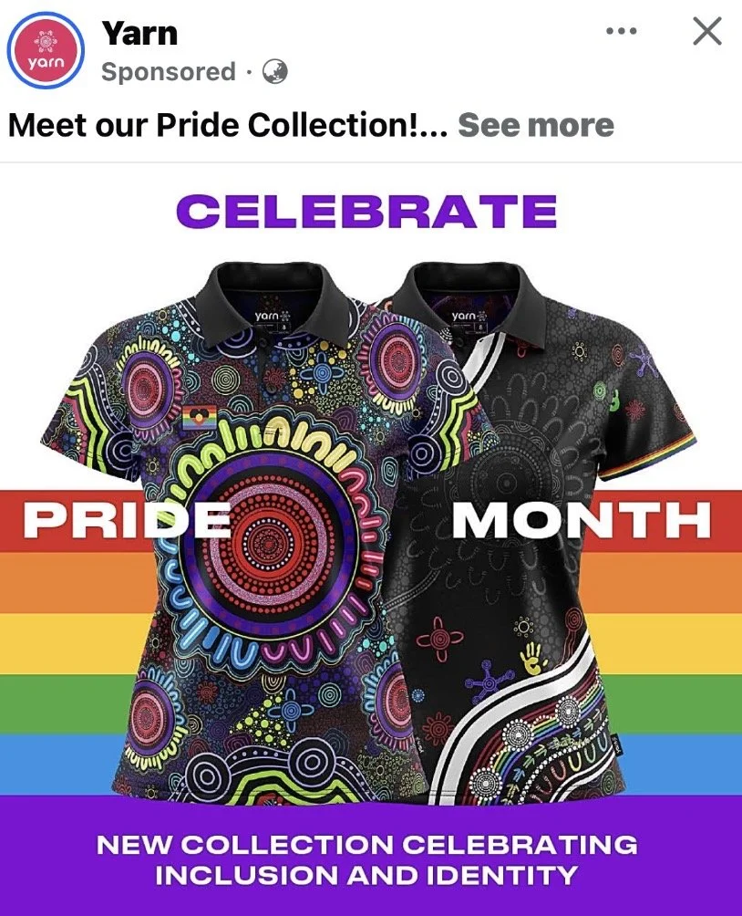 Two polo shirts with colorful, abstract pride-themed designs showcased in a promotional advertisement. The background features a rainbow flag, with text promoting a Pride Collection celebrating inclusion and identity.