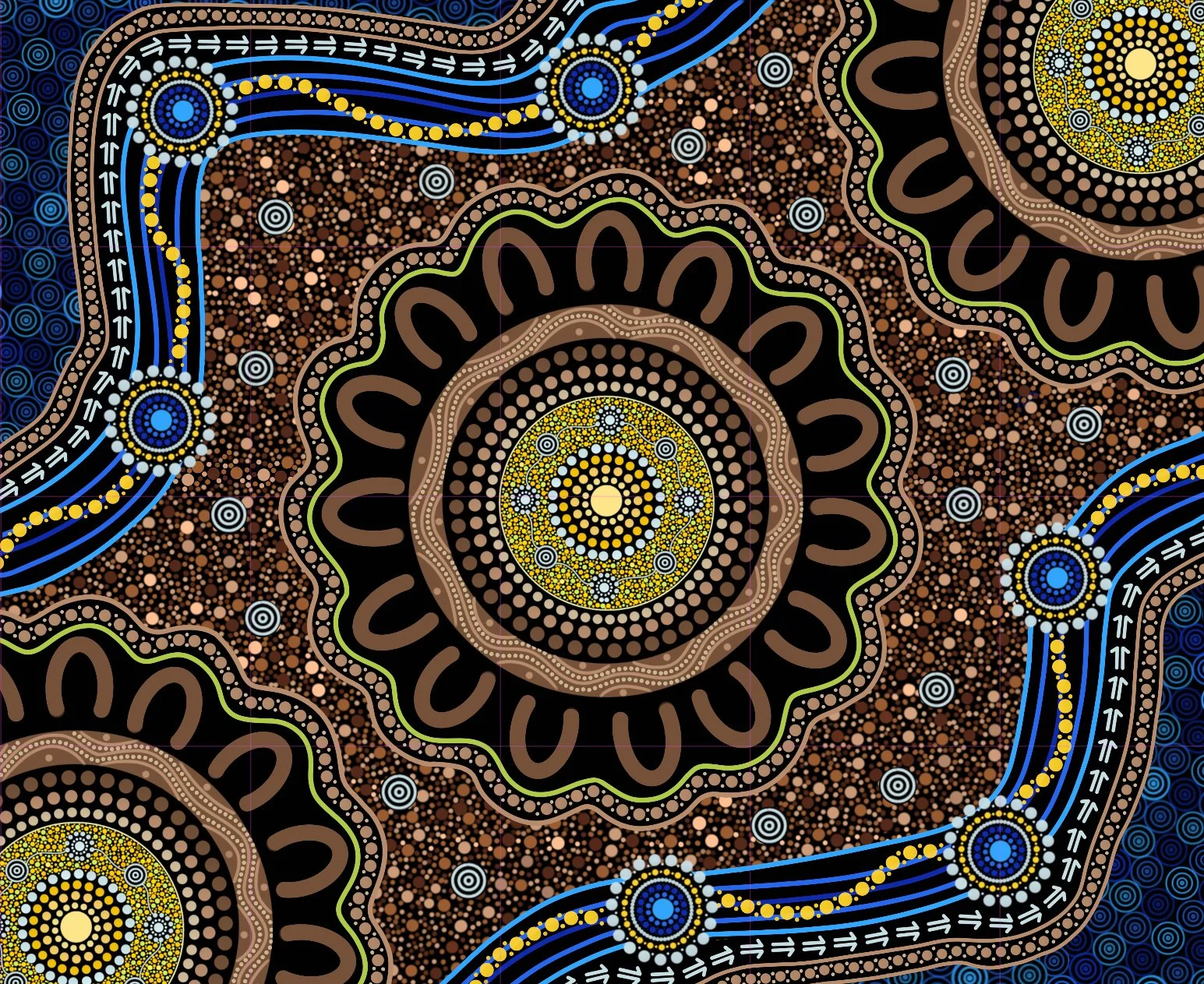 Indigenous Australian dot painting with concentric circles, wavy lines, and intricate patterns in yellow, blue, brown, black, and white.