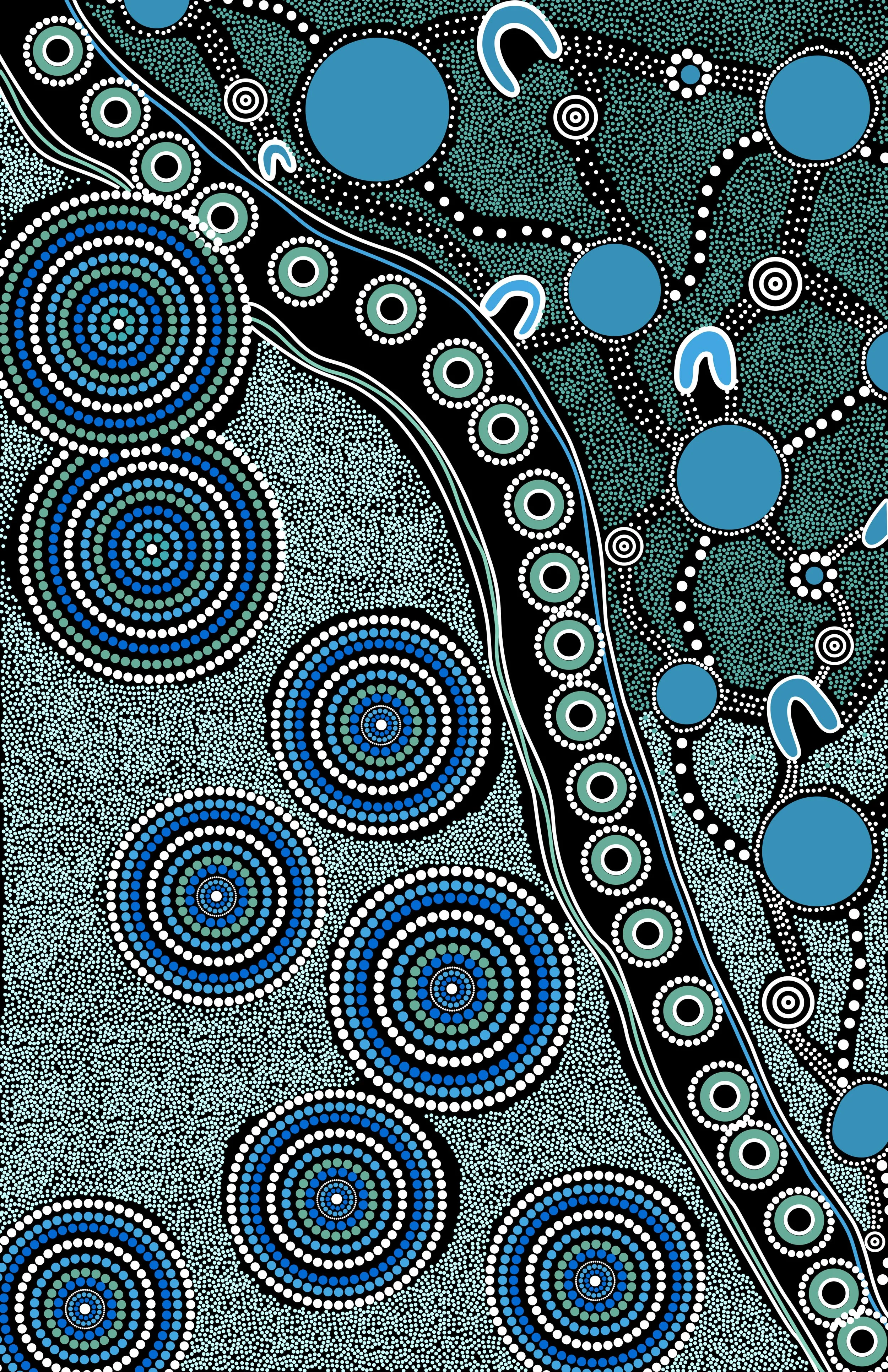 Abstract art featuring concentric circles, dots, and curved lines in shades of blue, white, and green on a black background.