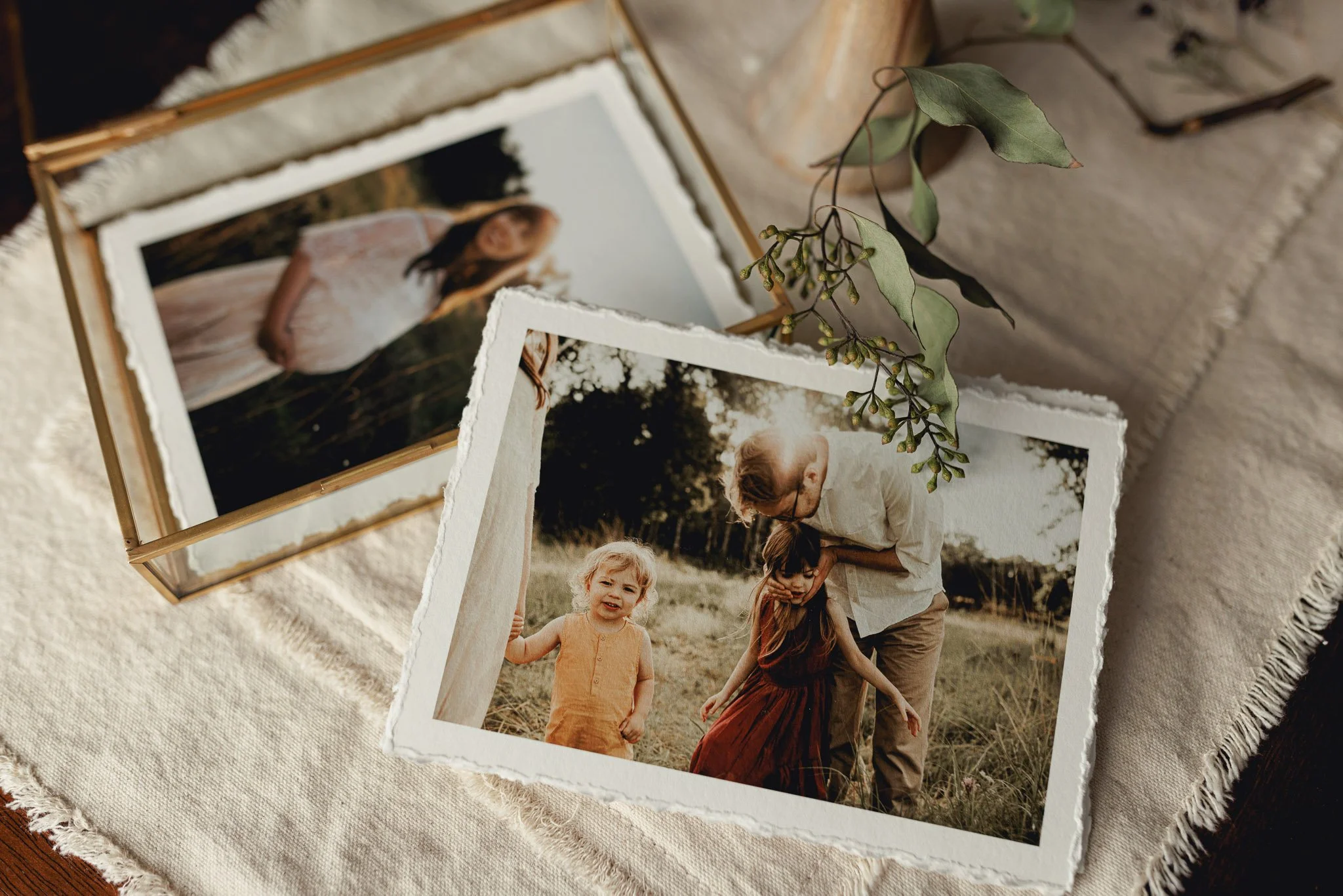 a glass photo box with prints sits on a table with greenery