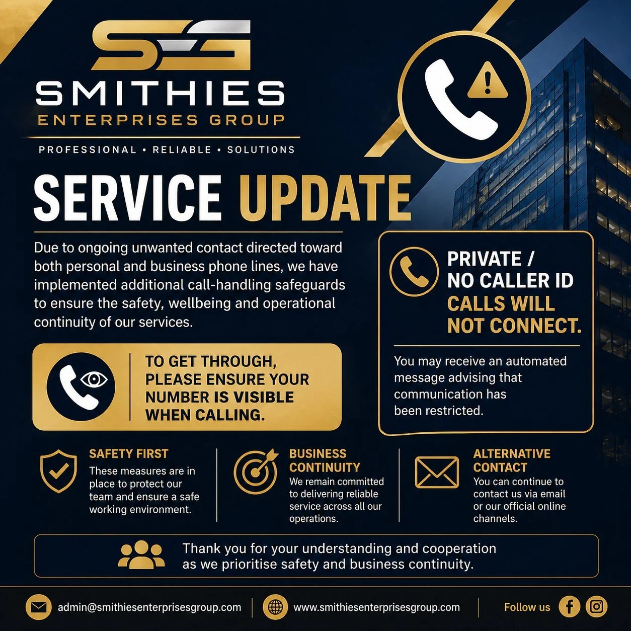 Service Update 📞

Due to ongoing unwanted contact directed toward our personal and business lines, we&rsquo;ve implemented temporary safeguards on our phone systems.

🚫 Private / No Caller ID calls will not connect

To get through, please ensure yo