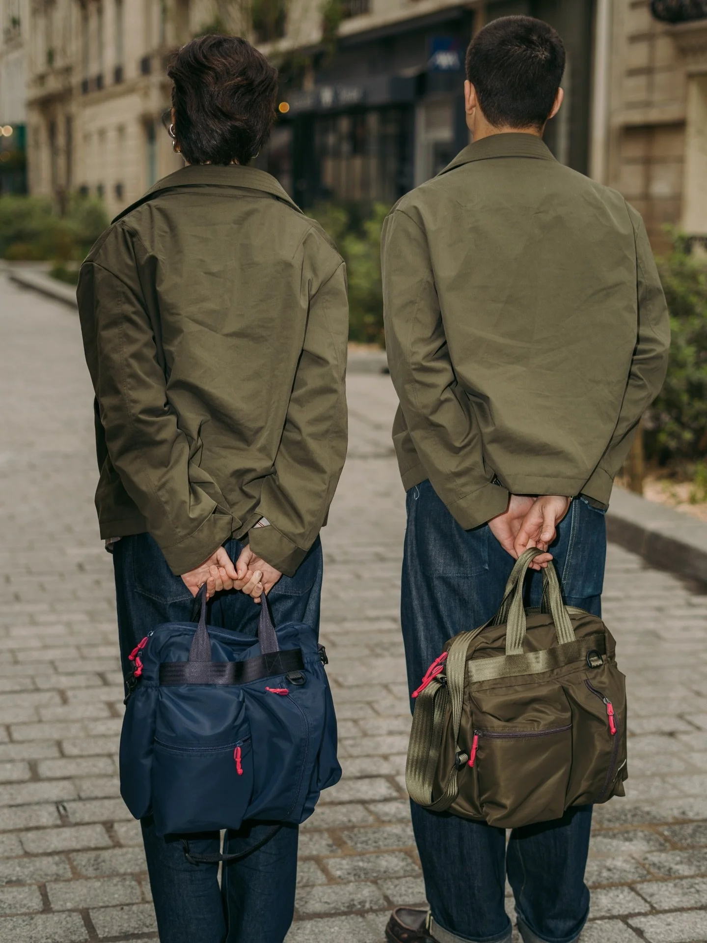 Erika and Vincent wearing our helmet bag, the LL-225 in khaki and navy.
Available online, and in our workshop.