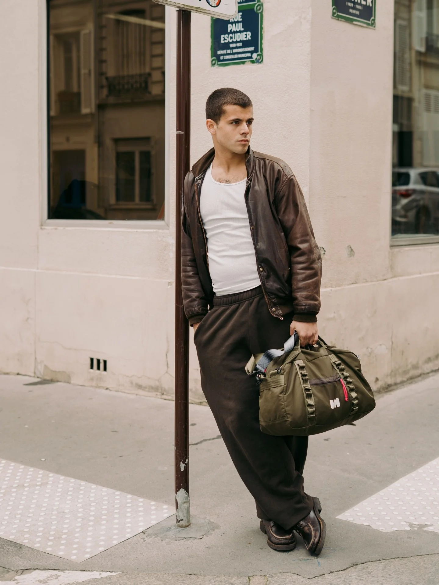 Vincent wearing our duffle bag, the DB-211 [M] in khaki. 
Available online, and in our workshop.