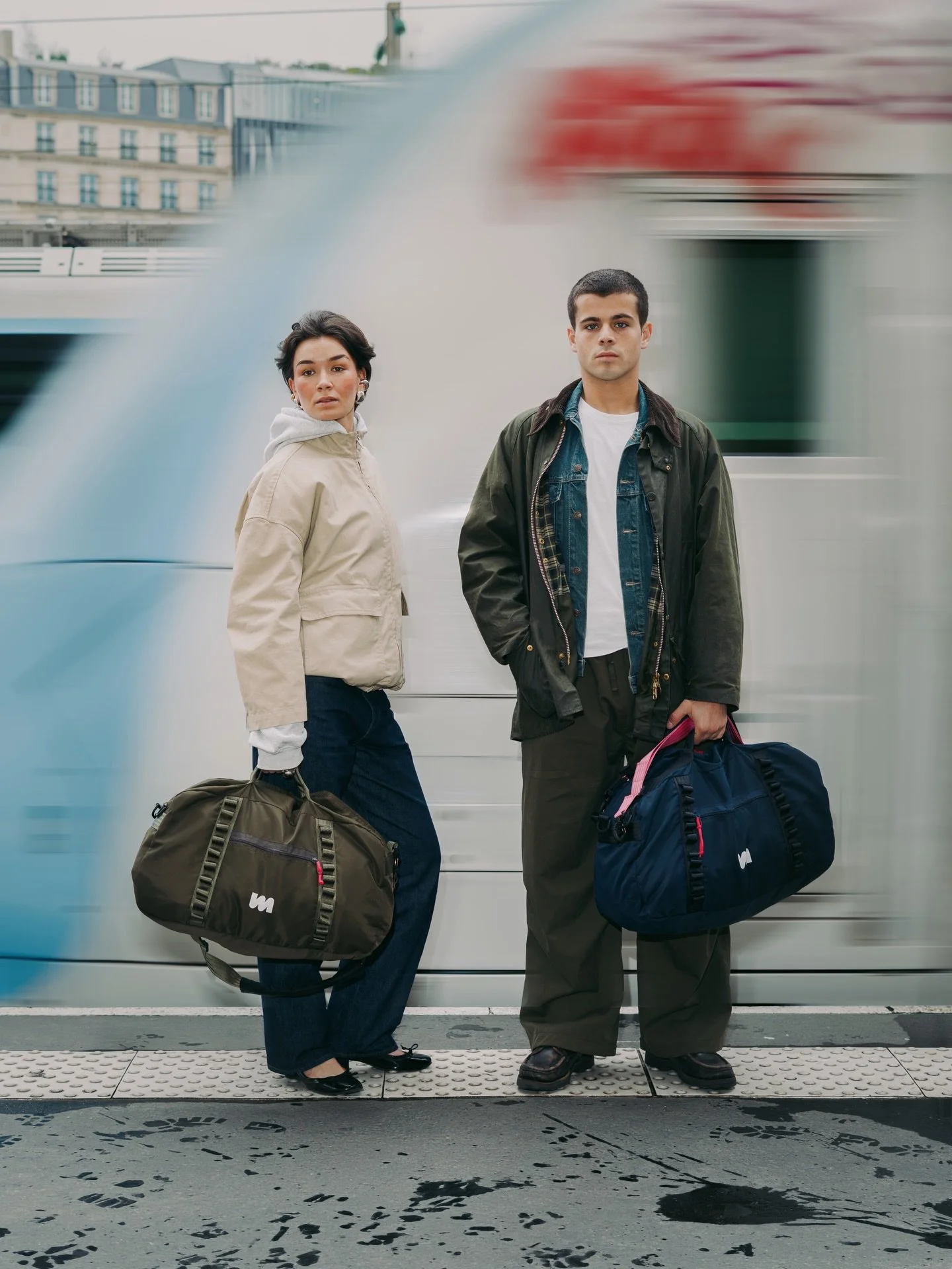Vincent and Erika wearing our duffle bag, the DB-211 L in navy and khaki. 
Available online, and in our workshop.