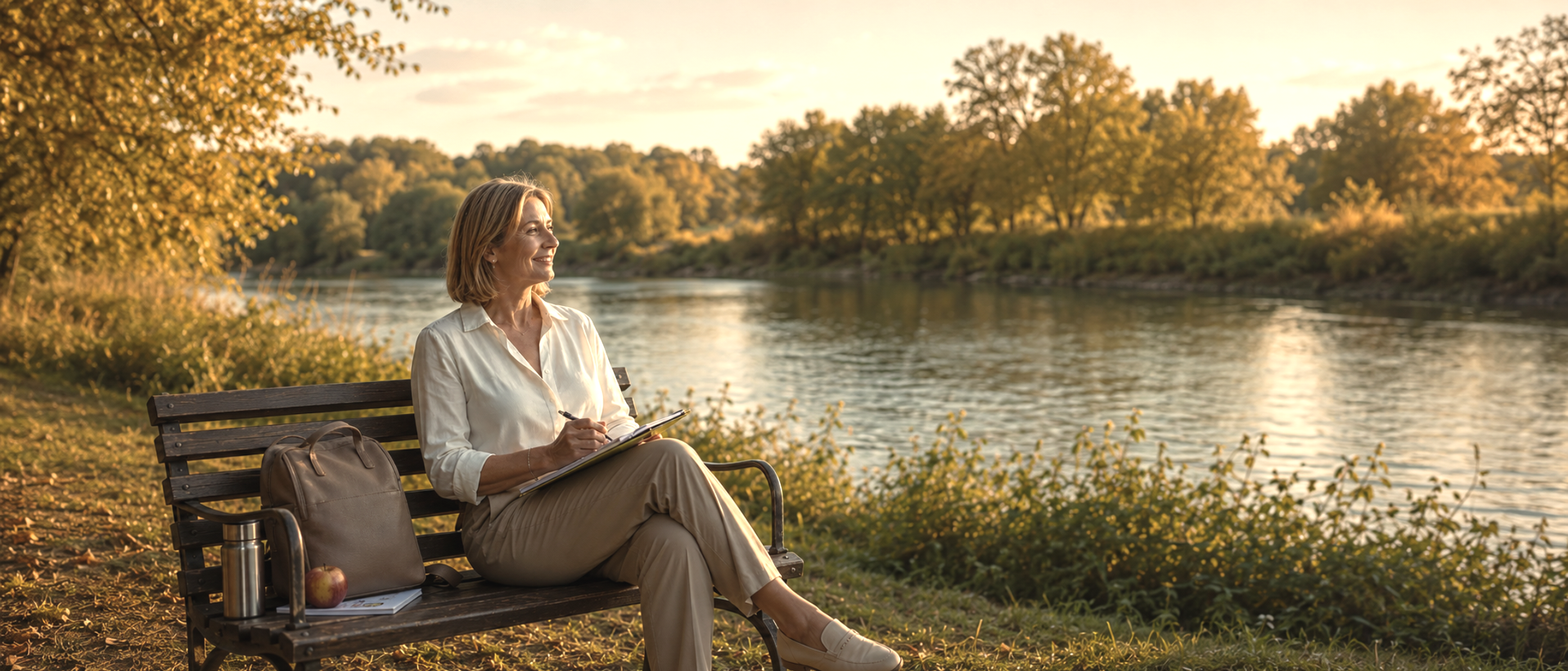 Frau Midlife macht Notizen zu Ernährungsplan in der Natur