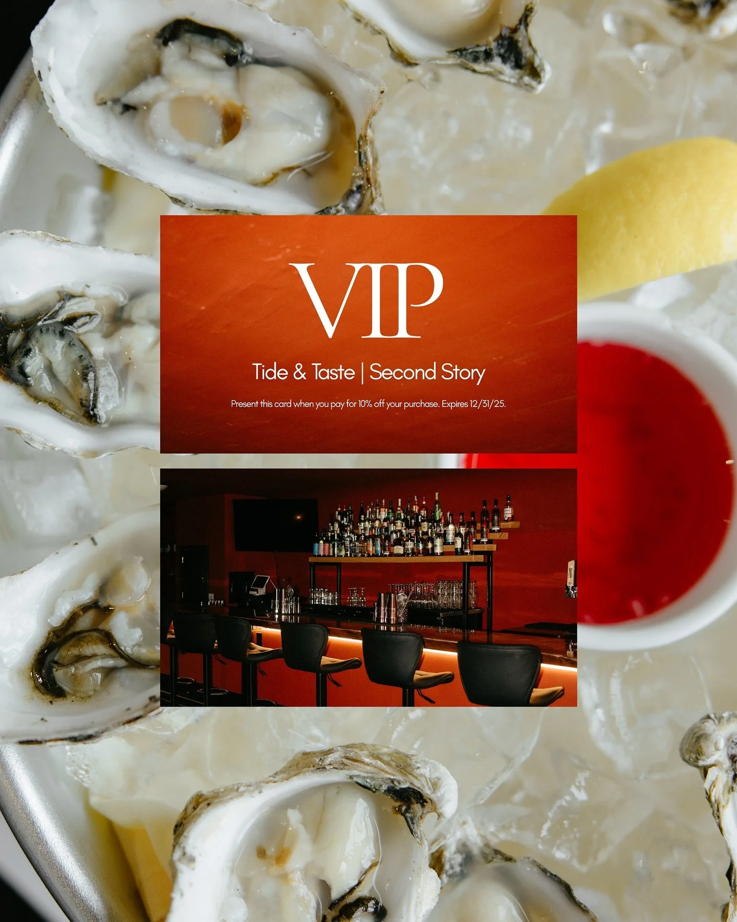 HAPPY DOLLAR OYSTER MONDAY!!! Come enjoy your oysters in our new upstairs space because today is the LAST DAY to come check out our bar, Second Story, and receive your VIP card that gets you 10% At Tide&amp;Taste and Second Story *for the rest of the