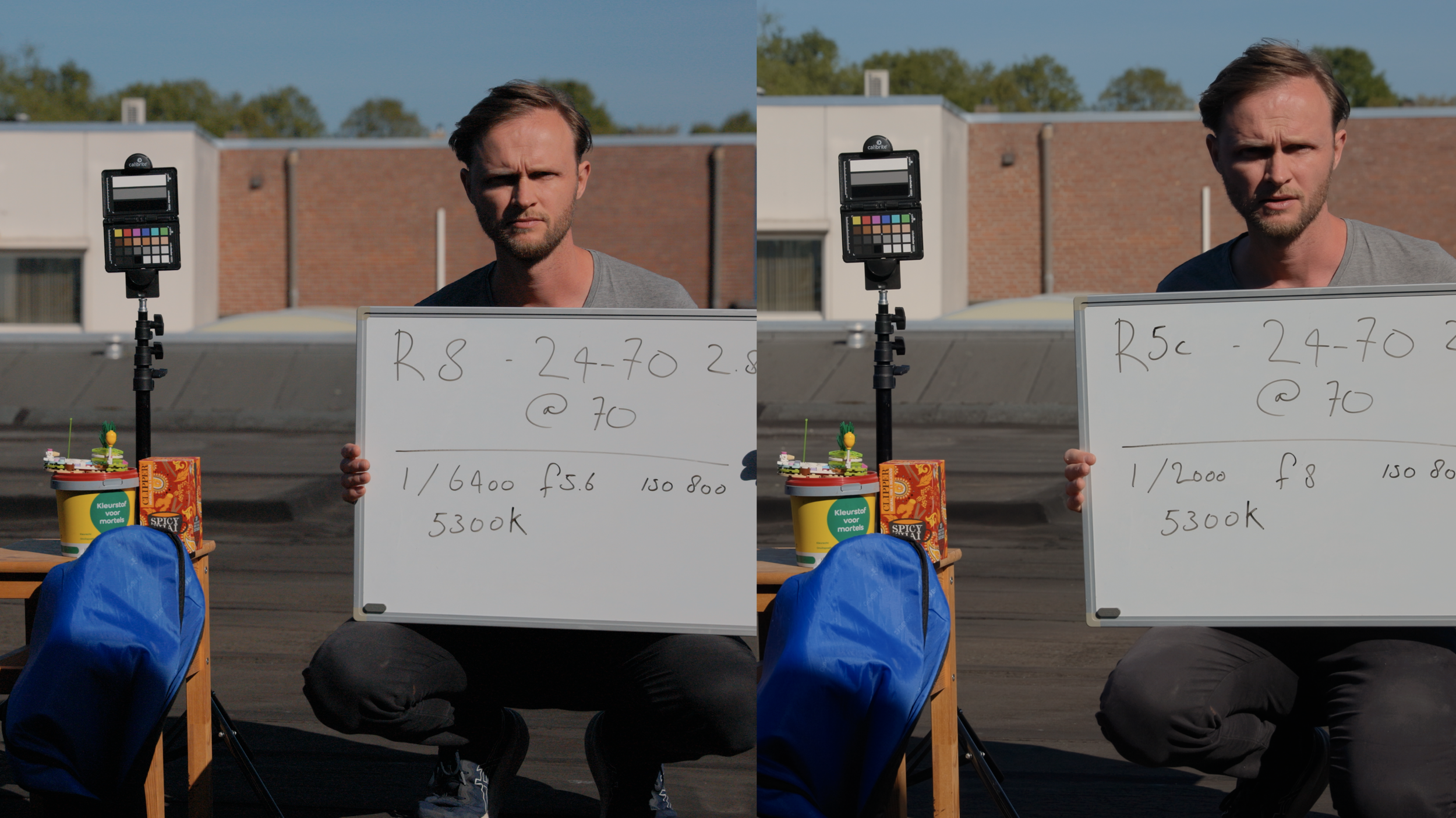 Color match scene of guy holding info card, color checker and various props