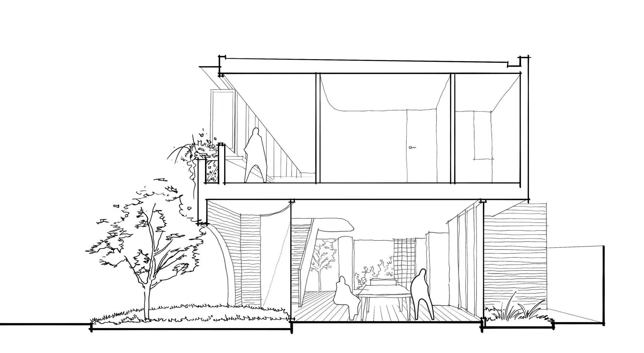 The dining area is surrounded by landscape on both ends