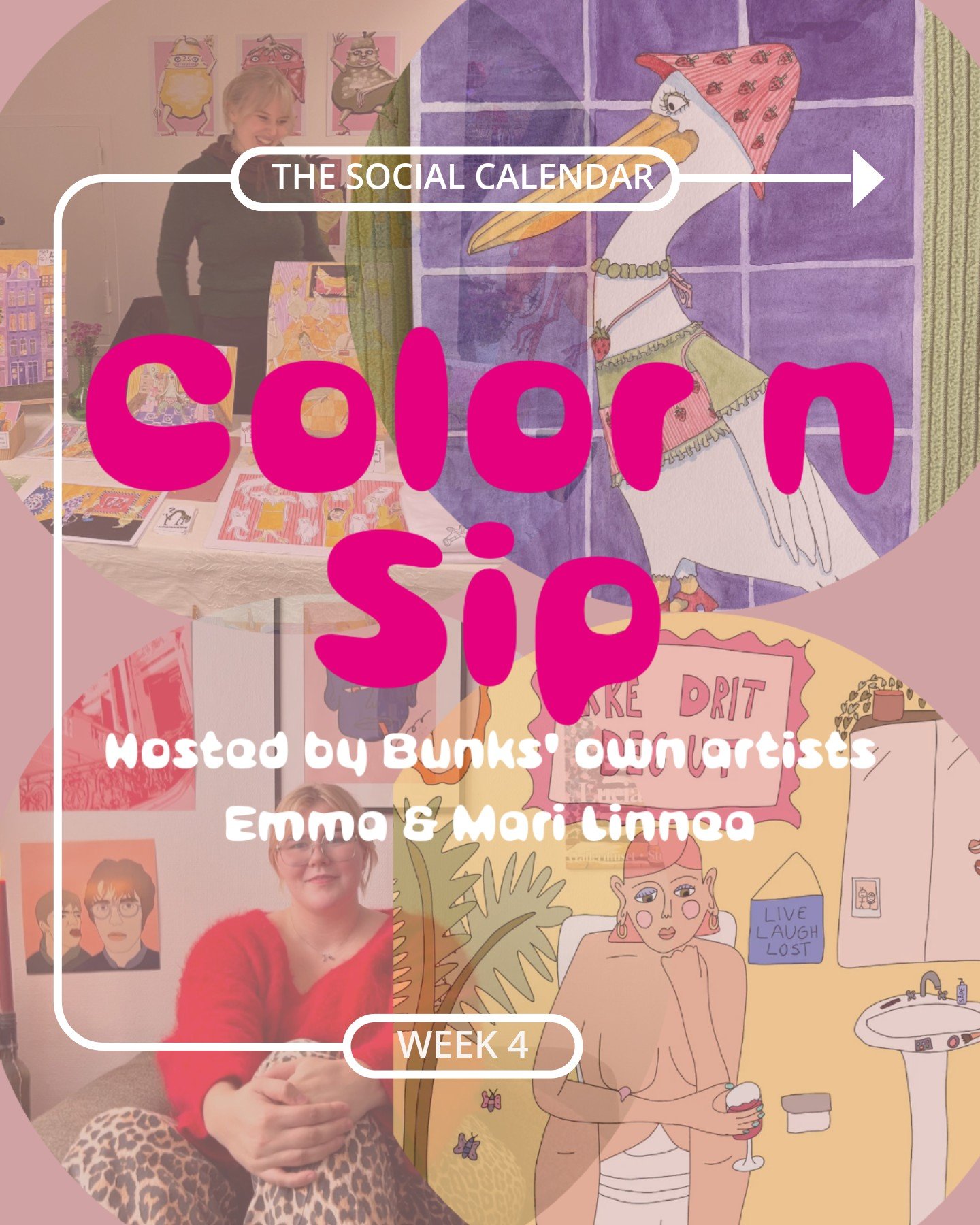 New week, new activities 🩷 This week&rsquo;s calendar is extra special &mdash; on Friday (18:00&ndash;21:00), our very own creative staff host a Color &amp; Sip, featuring painting motives inspired by their own original artwork 🎨 Hope to see you th