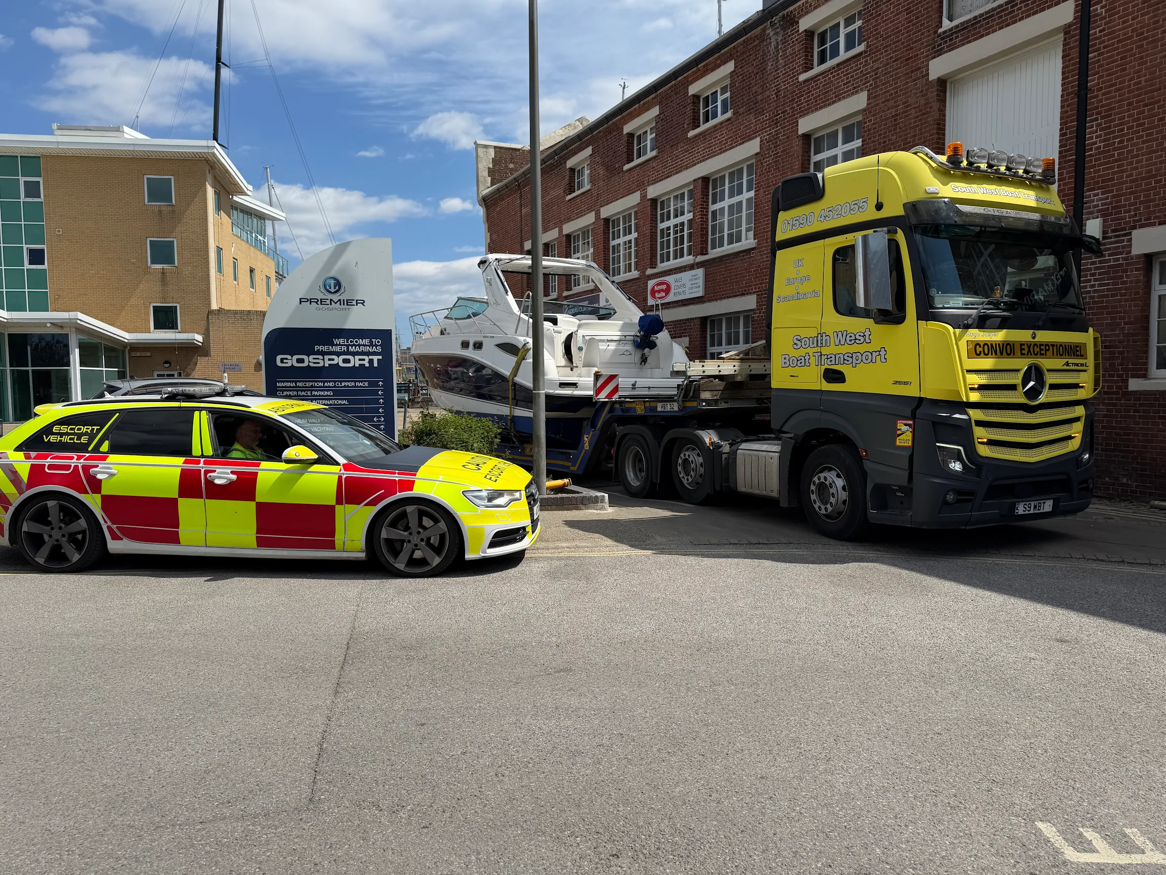 Motoboat on a low loader truck