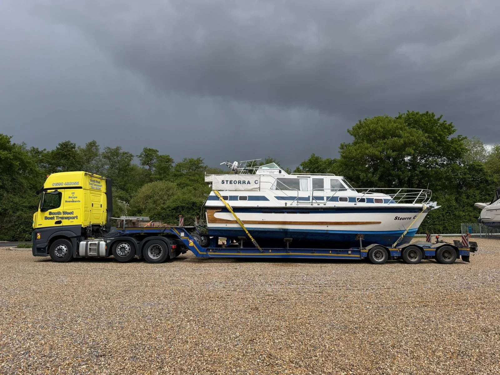 motorboat on a low loader track