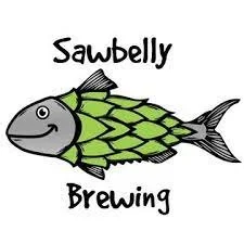 Logo of Sawbelly Brewing featuring a cartoon fish with green scales and a large smile, with the text "Sawbelly Brewing."