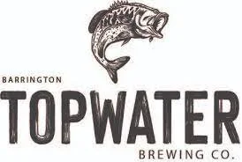Logo of "Topwater Brewing Co." featuring a fish jumping above the text "Barrington Topwater Brewing Co."