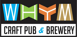 Logo of WHYM Craft Pub & Brewery with bold letters and colorful design.