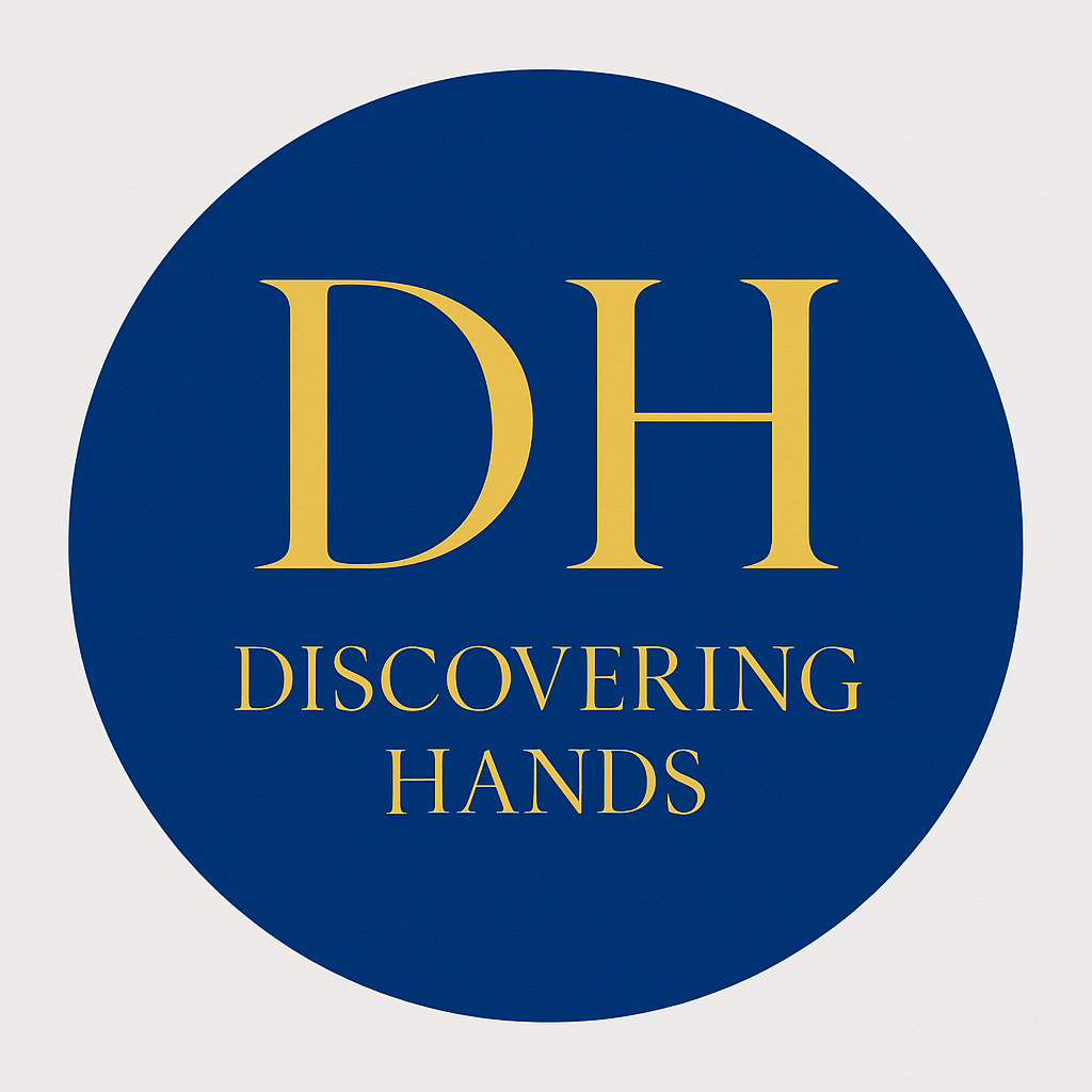 Logo featuring the letters 'DH' in gold inside a blue circle, with the words 'Discovering Hands' written below.