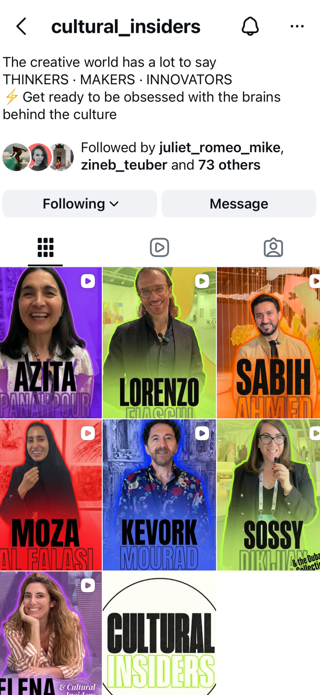 Social media profile page for 'cultural_insiders' showing a grid of six colorful portraits of diverse individuals, each with their name in bold black text, and a banner promoting creative thinkers, makers, and innovators.
