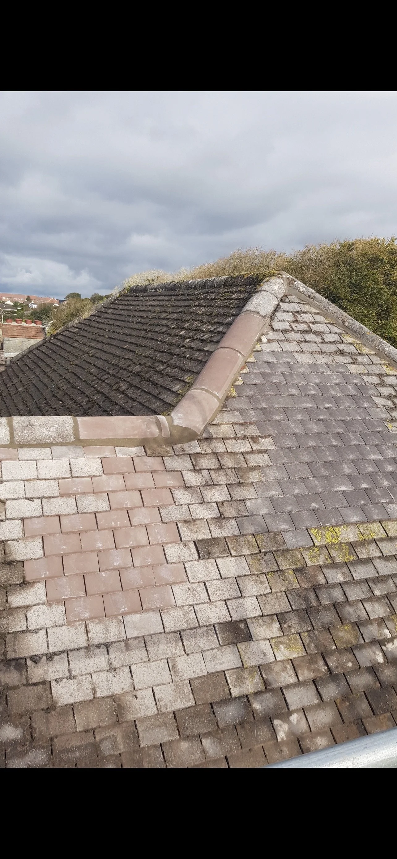 Close-up of a roof with weathered brown and gray shingles, some with moss and algae growth.