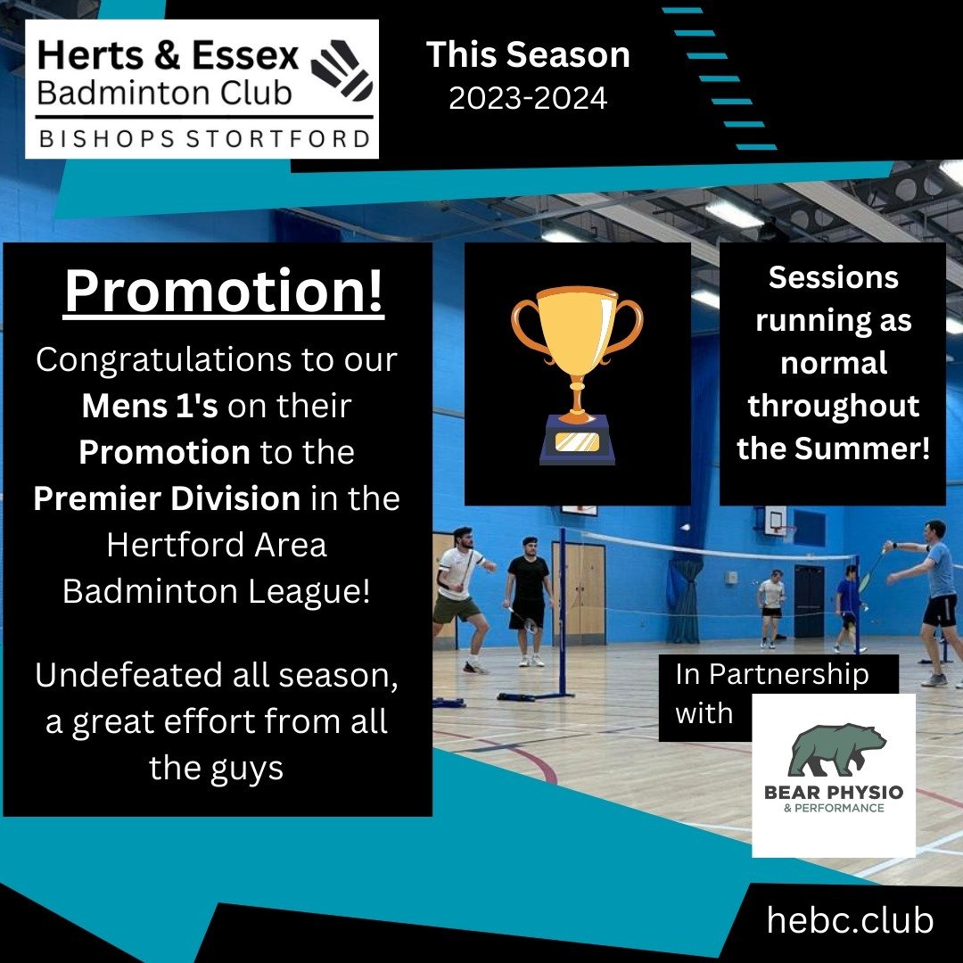 Herts &amp; Essex Badminton Club

Promotion for our Mens' 1s to the HABL Premier League! Congratulations Guys!

Our Wednesday and Sunday sessions are continuing as normal throughout the summer.

The Wednesday Shuttles 8-10pm
The Sunday Smashers - 4-6