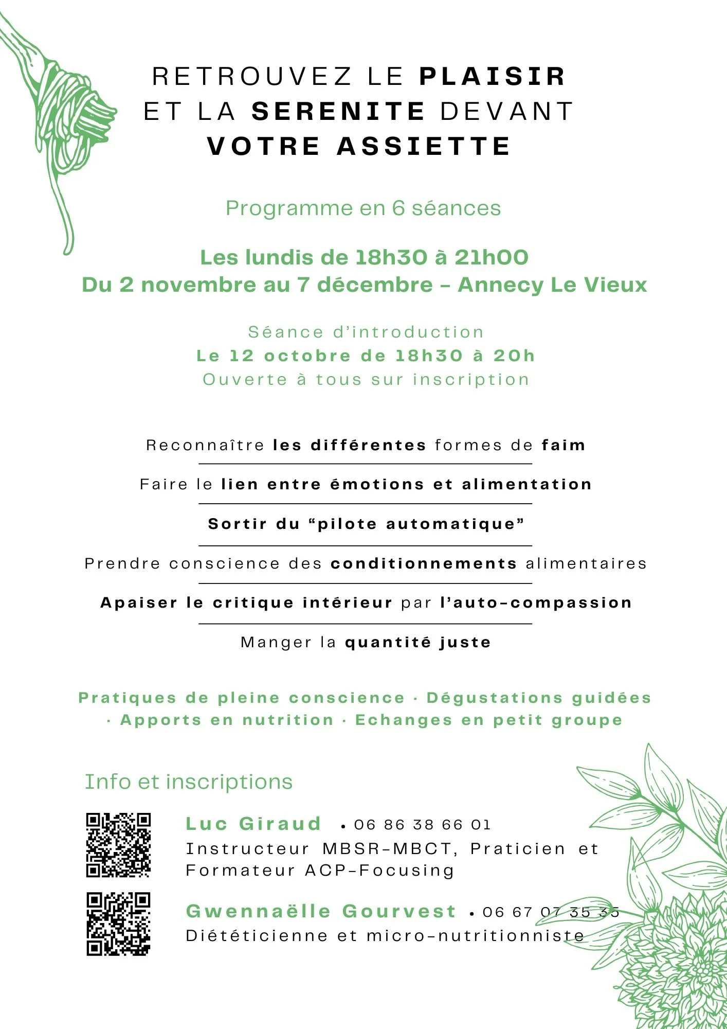Flyer promotionnel pour un programme de six séances sur le bien-être et la pleine conscience, organisé à Annecy Le Vieux avec des détails sur les dates, horaires, intervenants et inscription.