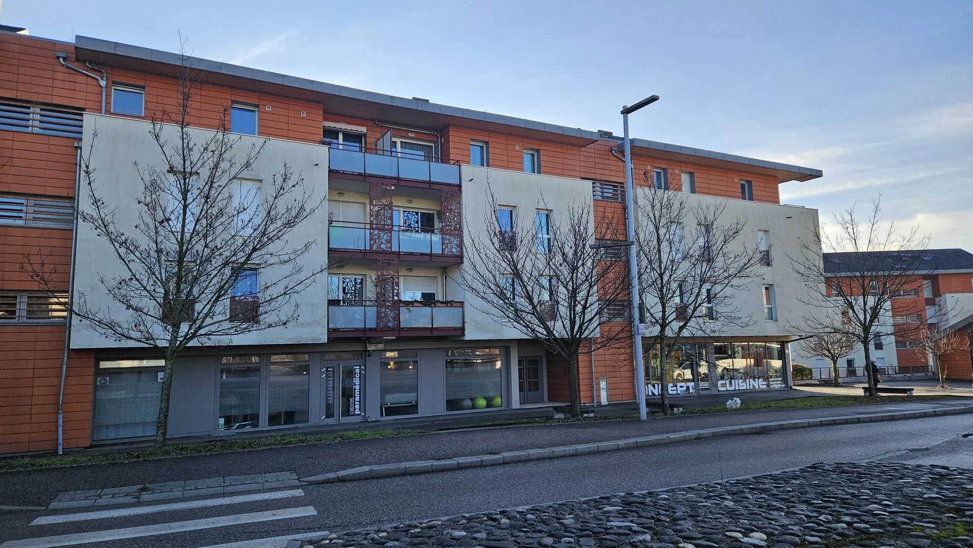 Immeuble résidentiel moderne avec plusieurs étages, balcons en verre, arbres sans feuilles devant la façade, vue sur la rue avec un lampadaire et une zone piétonne, ciel clair.