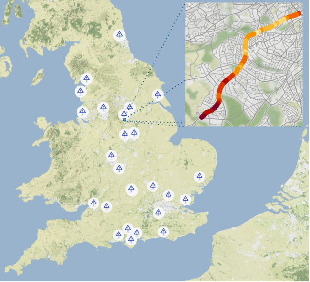 Map of UK with study locations overlaid and speed map insert