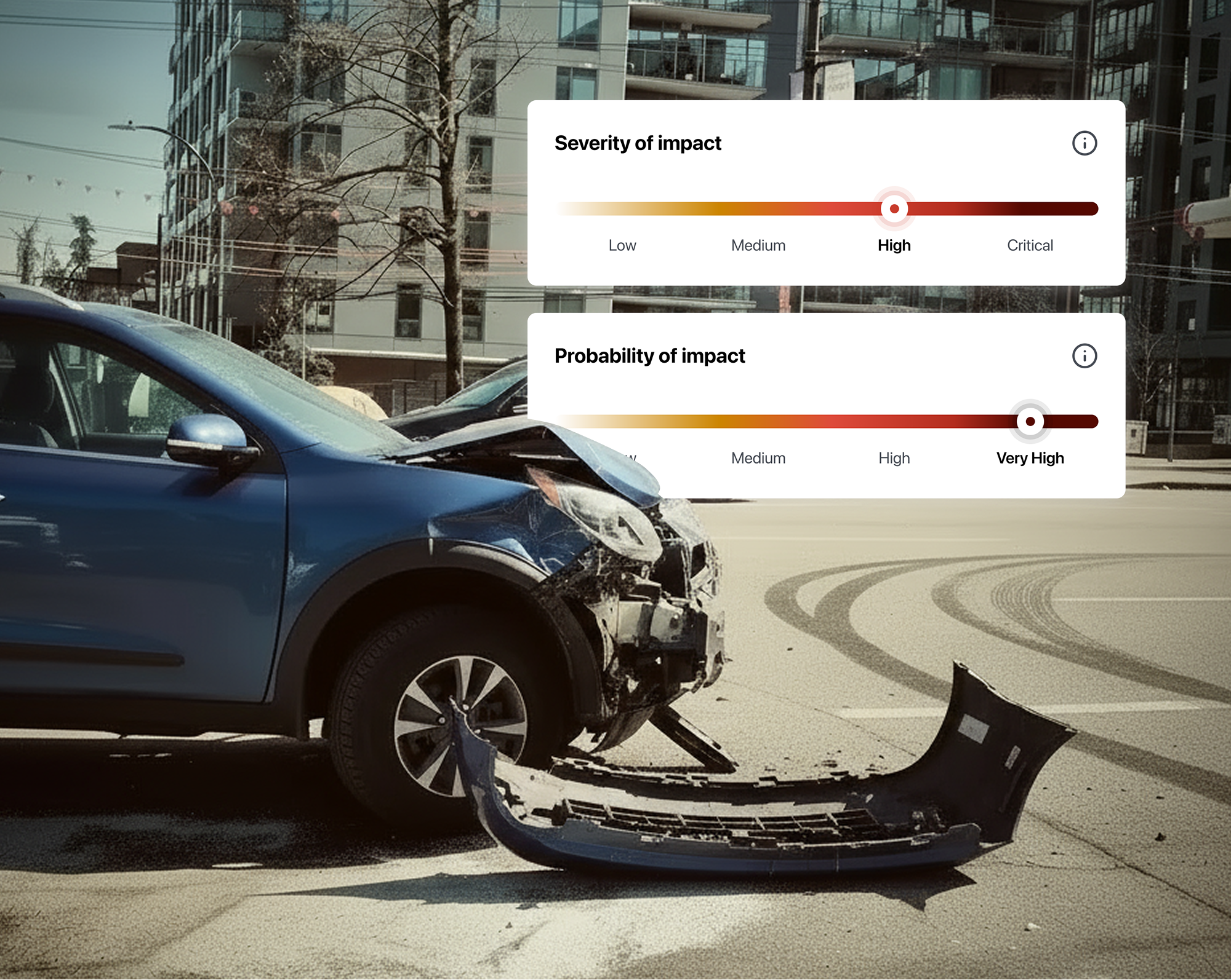 Screenshot of a web application dashboard titled 'The Floow' with menu options 'Impacts Detected,' 'Impact Details,' 'Contributing Factors,' 'Timeline of events,' and 'Export.' The main section shows 'Impact Details,' including policy information with a name, email, and username, and a button labeled 'View policy details.' It also displays 'Policy and time of impact' and 'Severity and probability of impact' sections.