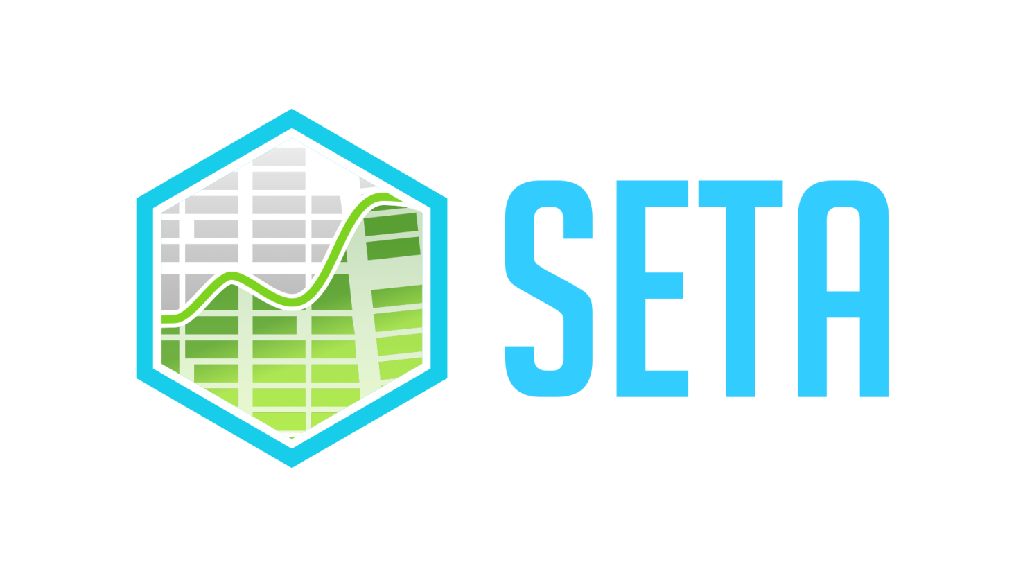 SETA logo with a hexagon containing a line graph over a city map background, and the word 'SETA' in blue.