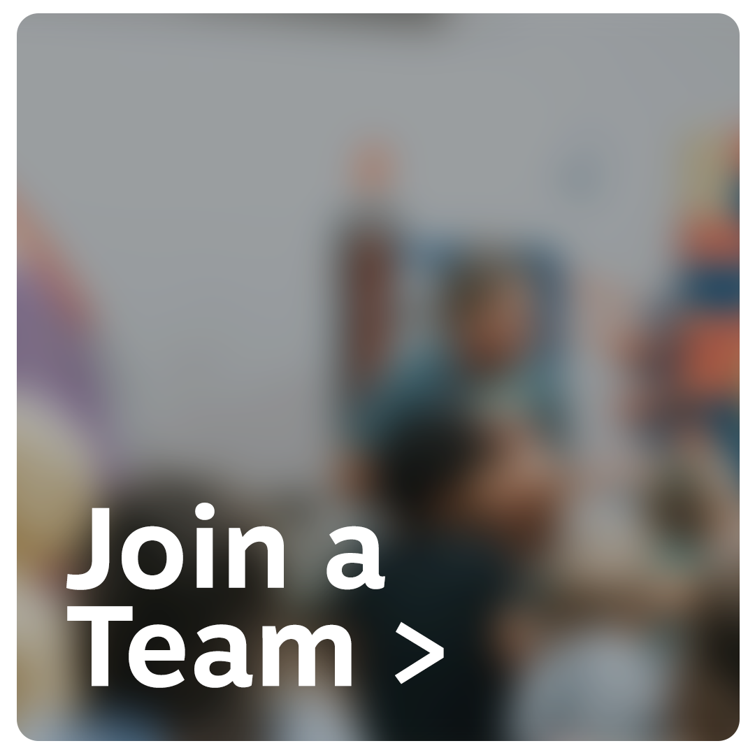 An indoor scene of a group of people in a casual setting, with a text overlay that says "Join a Team >".