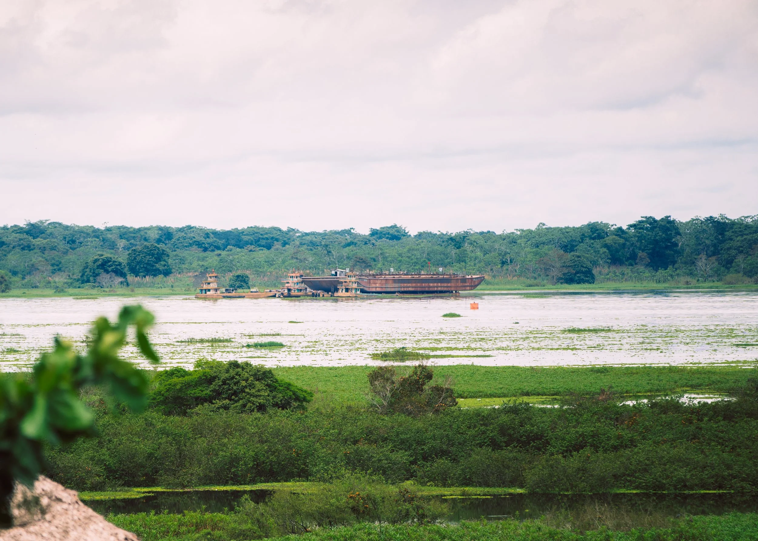 Large ship on a river with lush green trees and bushes in the background.