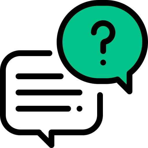 A white speech bubble with black text lines and a green speech bubble with a black question mark.