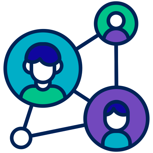 Illustration of a network of connected people with cartoon-style avatars using blue, purple, and green colors.