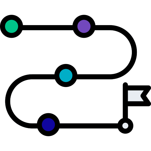 A black background with five colored circles connected by a curved line, and a small flag icon at the end of the line.