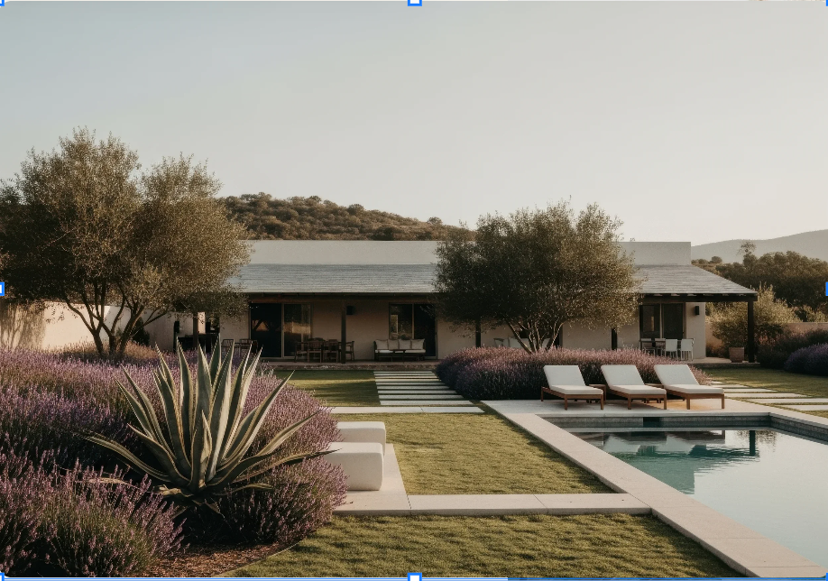 A modern house with a backyard featuring a swimming pool, lounge chairs, and desert landscaping with bushes and trees.