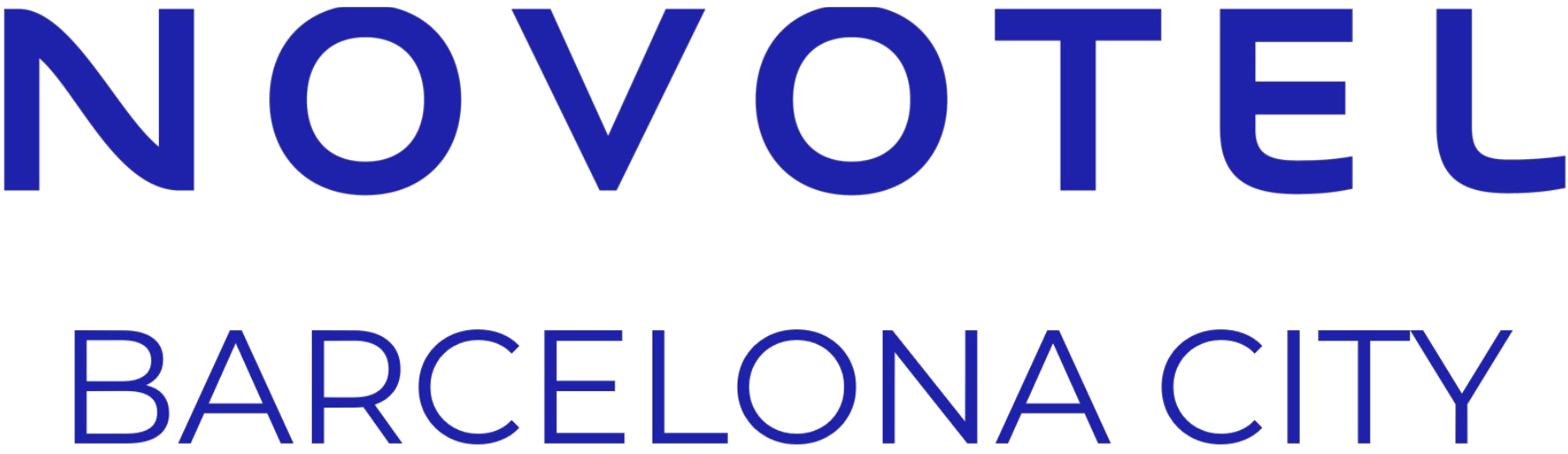 The text 'NOVOTEL BARCELONA CITY' in large blue font on a white background.