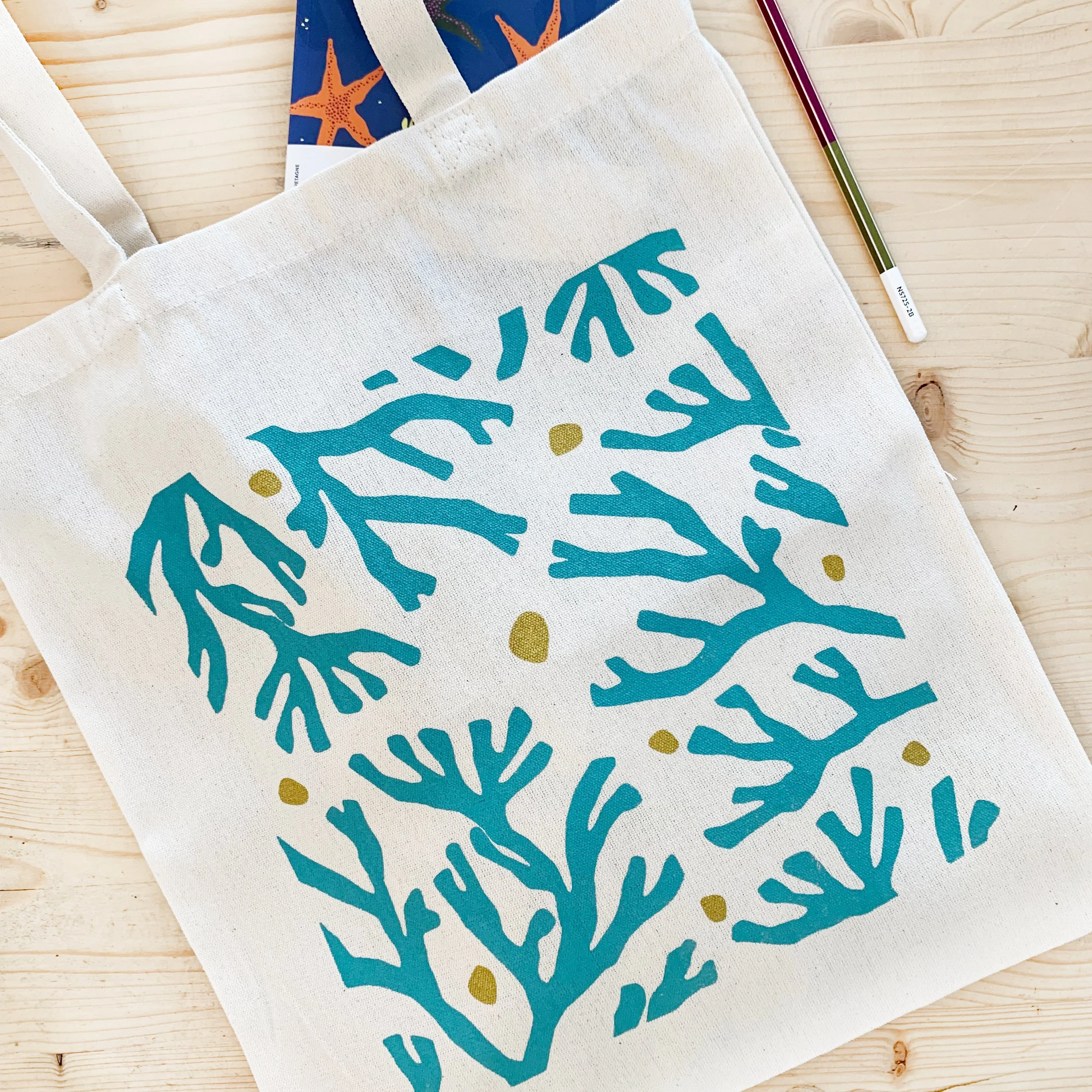 Tote bag algues turquoise et or