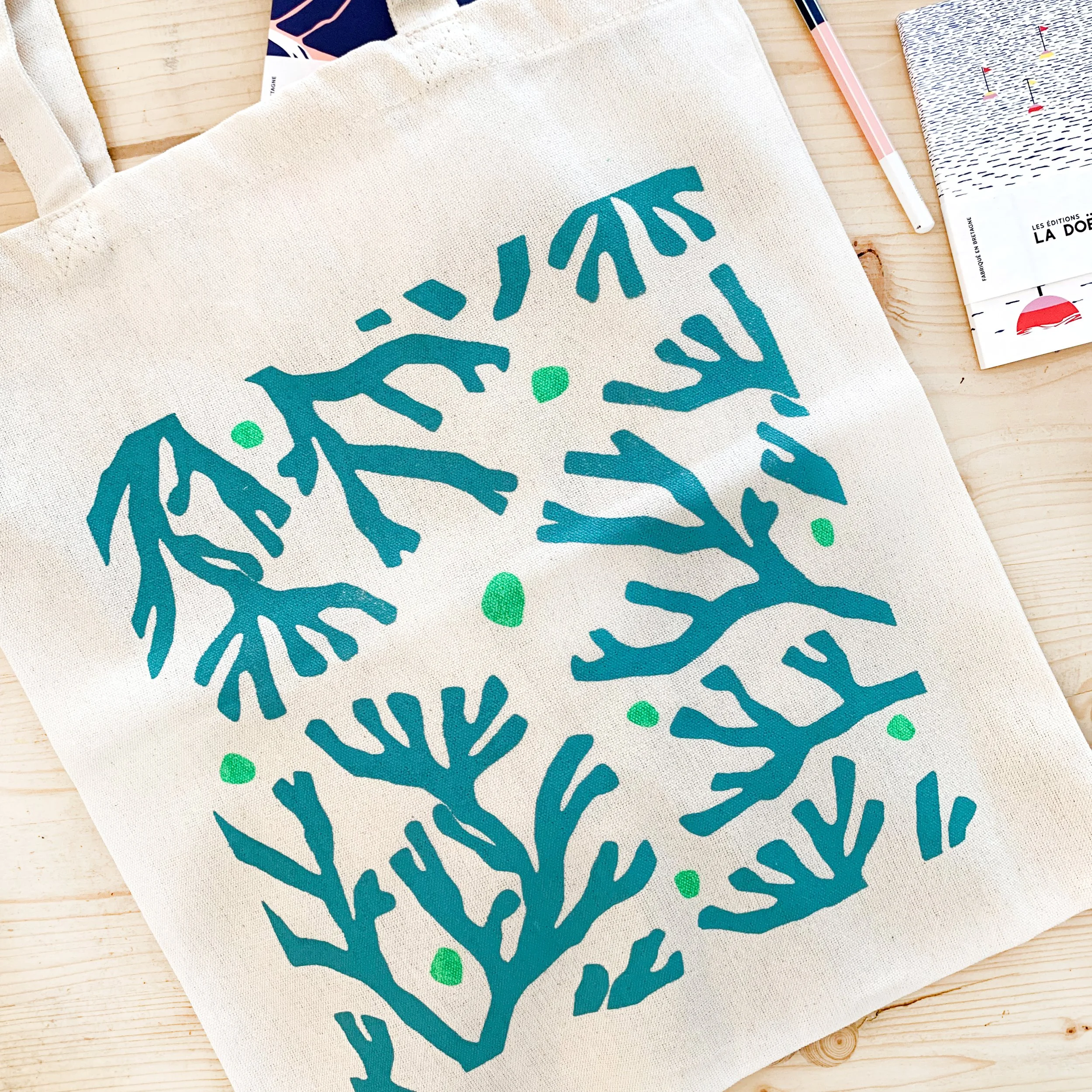 Tote bag algues turquoise et vert fluo