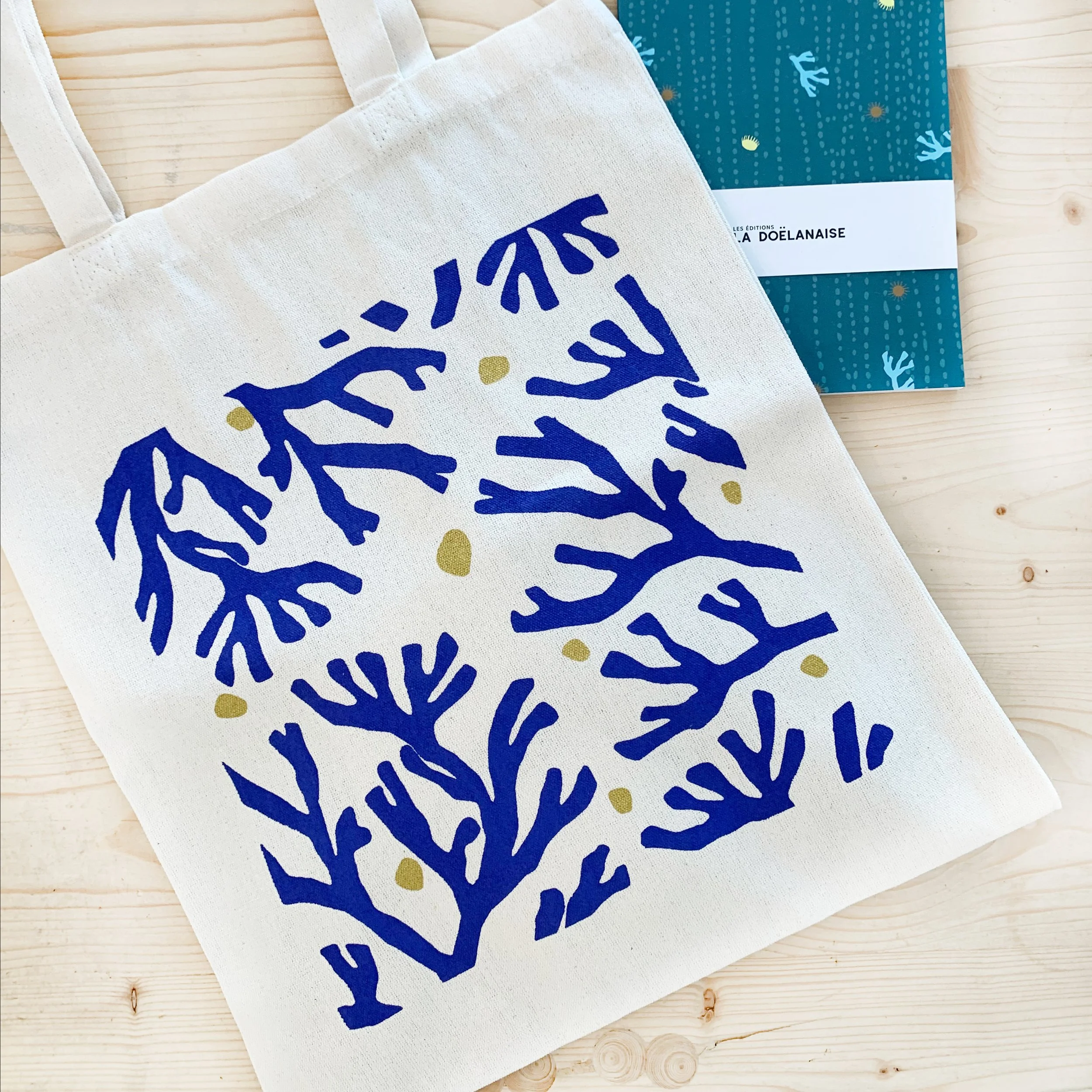 Tote bag algues bleu et or