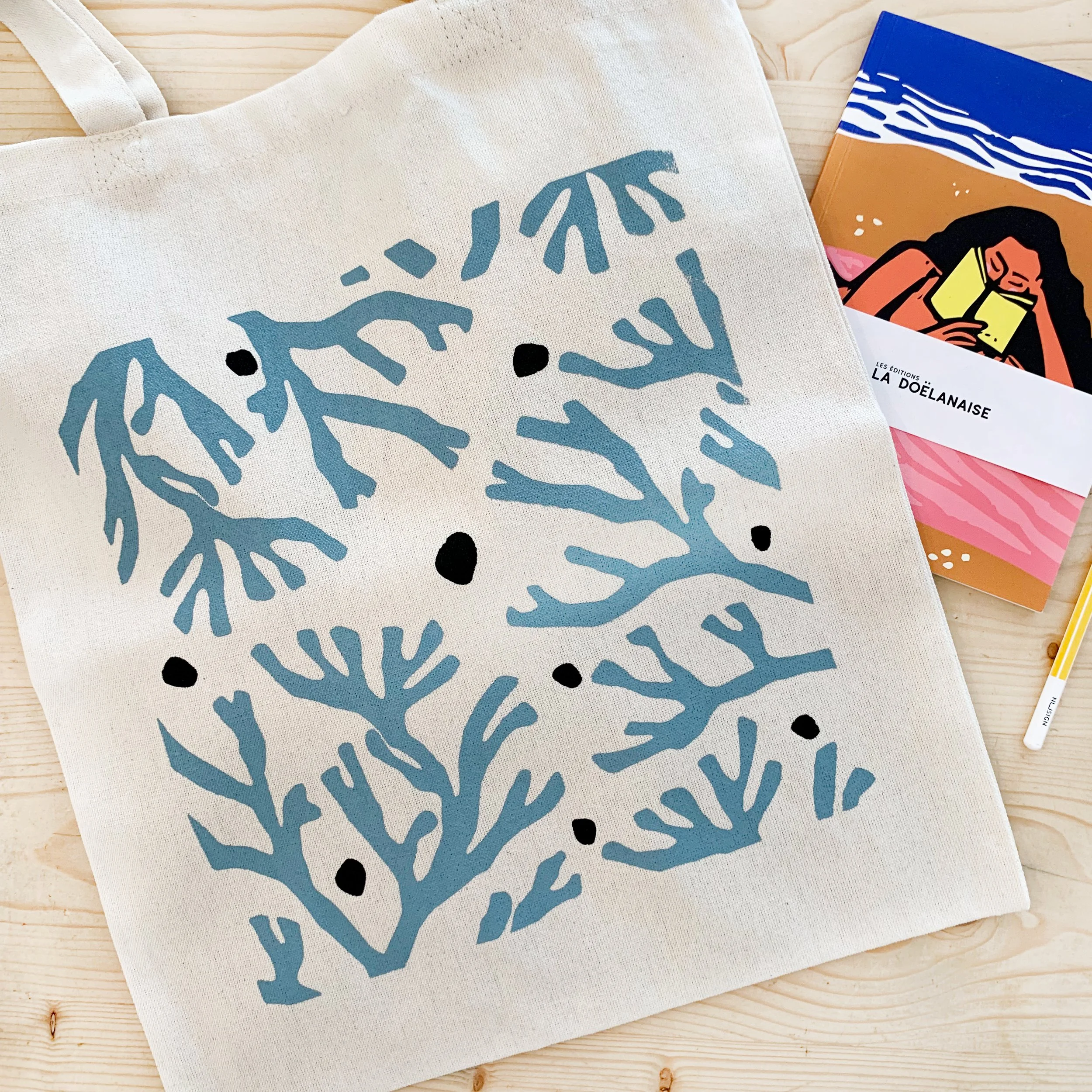 Tote bag algues bleu gris et noir