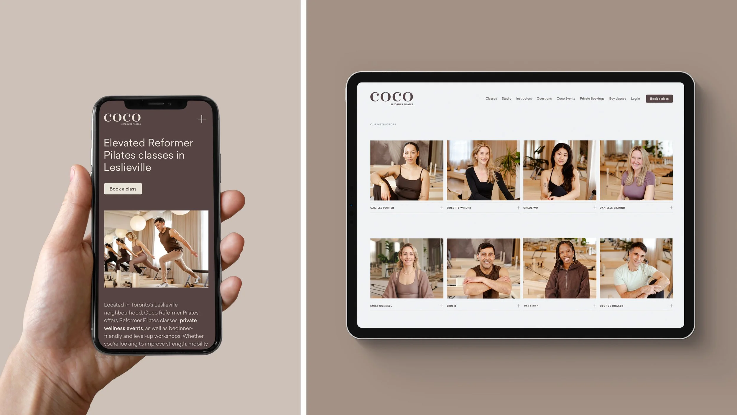 Coco Reformer Pilates website shown on a phone and tablet