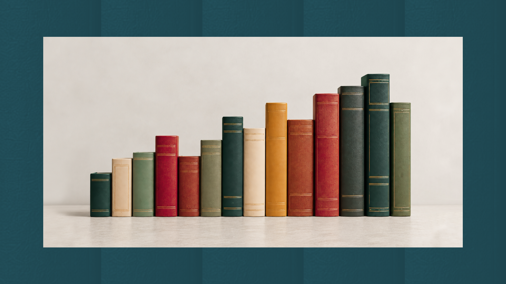 Row of cloth-bound books in green, cream, red and gold, arranged in rising heights like a bar chart, on a teal background.