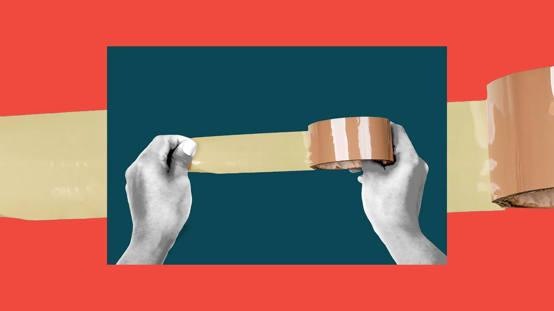 Two hands in black and white pulling a strip of tan packing tape off a brown roll, set against teal and red colour blocks.
