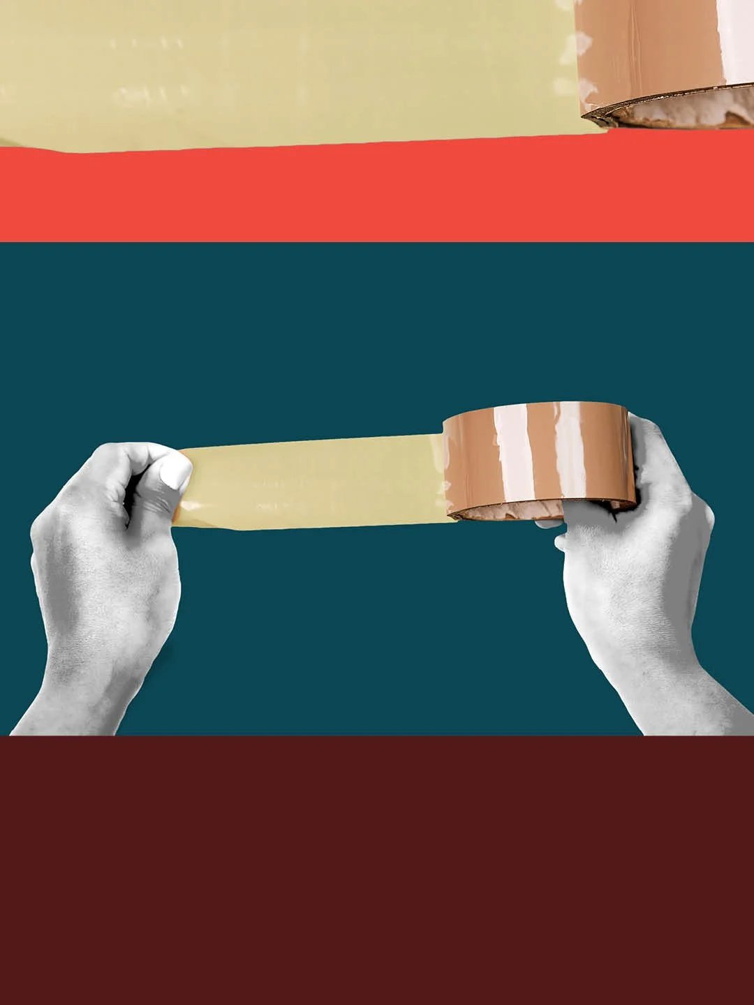 Two hands in black and white pulling a strip of tan packing tape off a brown roll, set against teal and red colour blocks.