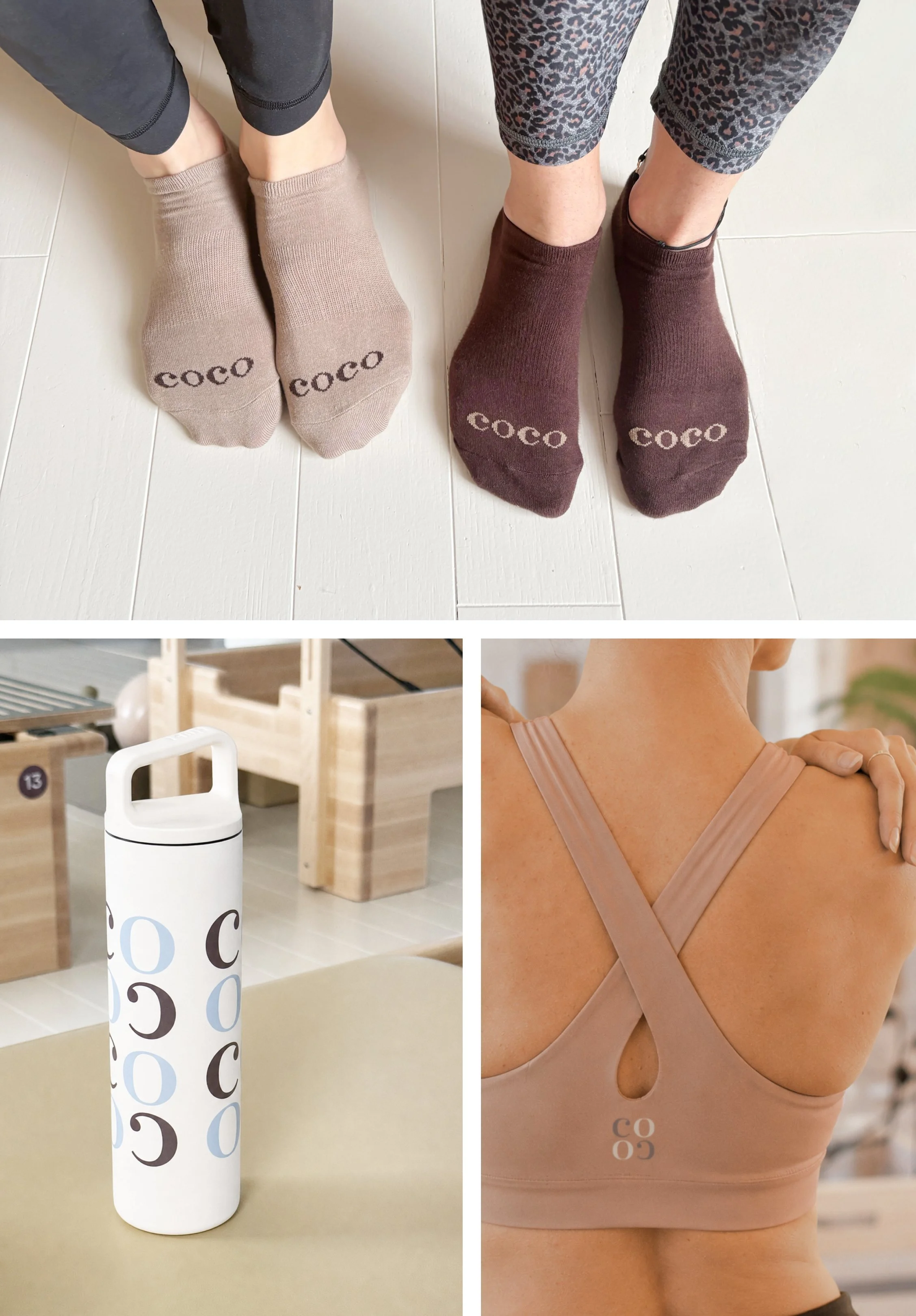 Coco branded grip socks, water bottle and sports bra