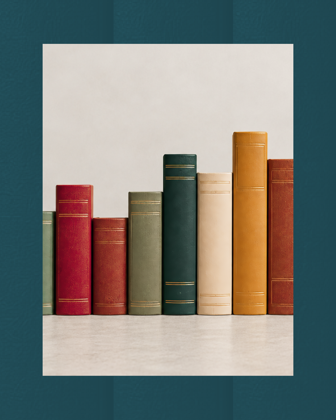 Close-up of cloth-bound books in red, green, cream and gold, rising in height like a bar chart, on a teal background.